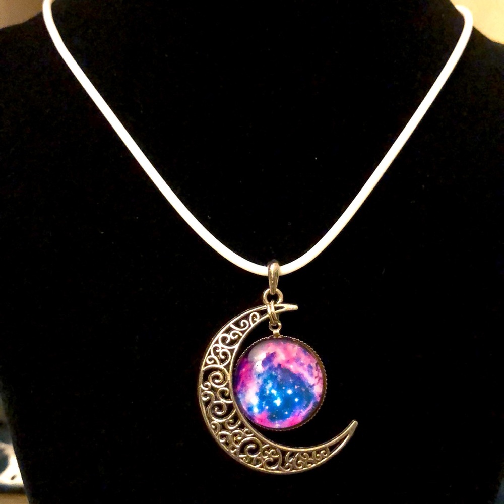Silver Moon Necklace with Milkyway Galaxy
